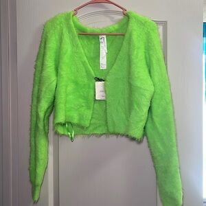 NWT fabletics lime green fuzzy crop cardigan